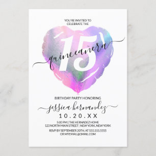 White Holographic Foil Herzballon Quinceañera Einladung