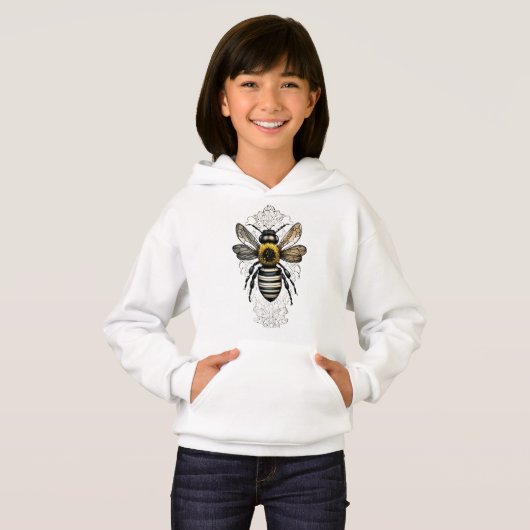 White Hoodie mit Vintager BienenIllustration (Vorne ganz)