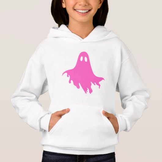 White Hoodie with Pink Ghost – Cute & Cozy Graphic (Vorderseite)