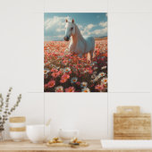 White Horse Amid Blossoming Meadow Poster (Küche)