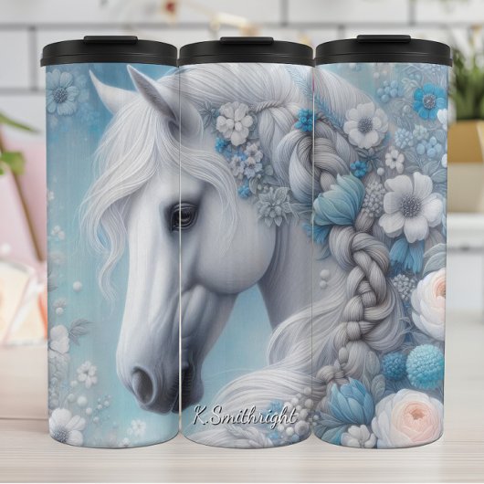 White Horse Blue Floral Elegance Thermosbecher