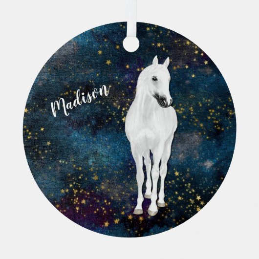 White Horse Gold Stars Weihnachten Ornament Aus Metall (Vorderseite)