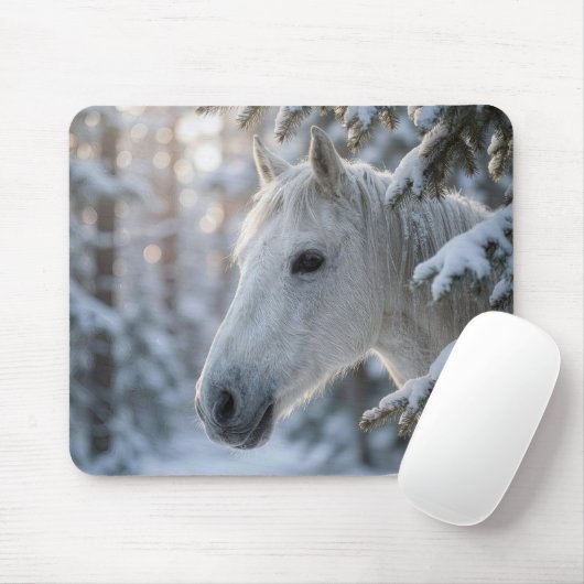 White Horse In Snowy Pine Tree Mousepad (Mit Mouse)