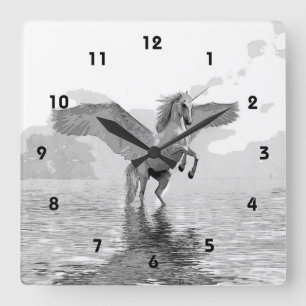 White horse Pegasus rearing clock Quadratische Wanduhr