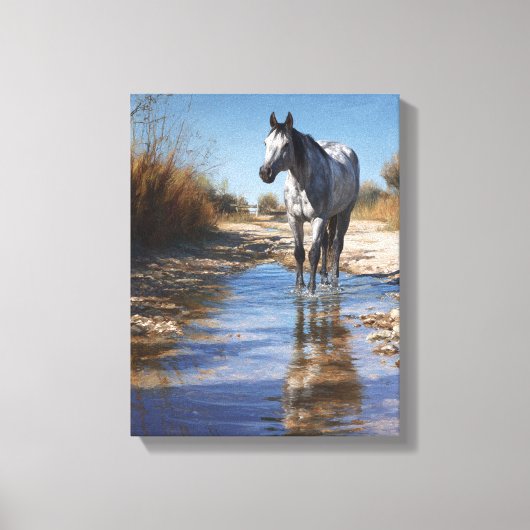 White Horse Shallow Stream Reflection Art Leinwanddruck (Vorderseite)