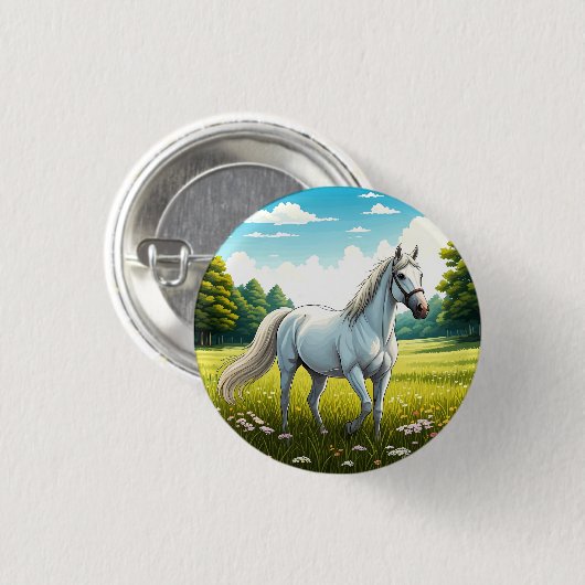 White horse standing in a field of grass button (Vorne & Hinten)