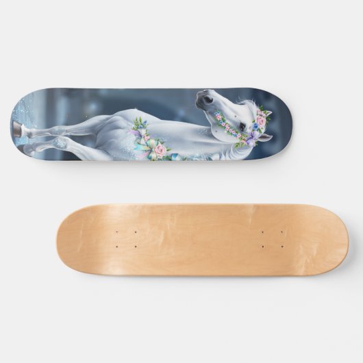 White Horse with Flowers Skateboard (Horizontal)
