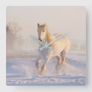 White Horses in Snow Photo Wall Clock Quadratische Wanduhr
