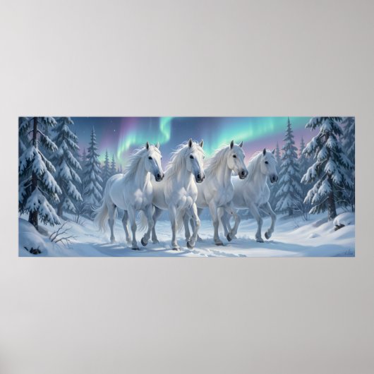 White Horses Under Aurora Borealis in Winter Fores Poster (Vorne)