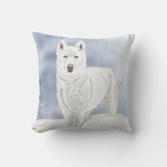White Husky gegen Snowy Background Kissen (Vorderseite)