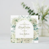 White Hydrangea Arch Taufe Einladung (Stehend Vorderseite)