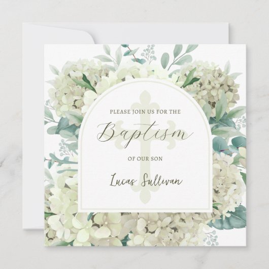 White Hydrangea Arch Taufe Einladung (Vorderseite)