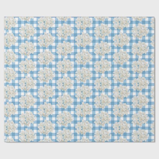 White Hydrangea auf Blue Gingham Geschenkpapier (Flach)