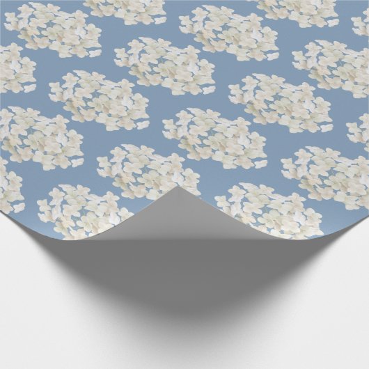 White Hydrangea auf Pastel Blue Geschenkpapier (Ecke)