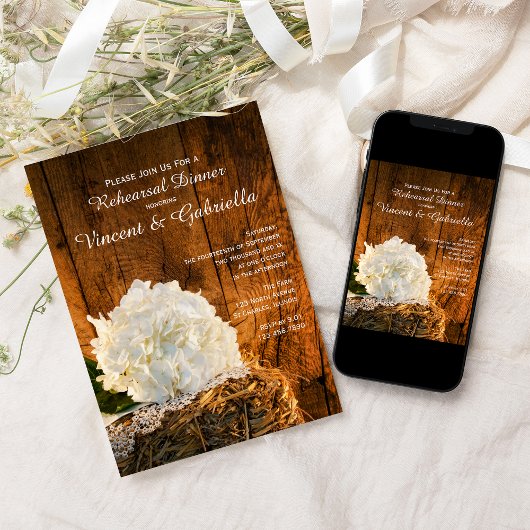 White Hydrangea Barn Wood Wedding Probe Dinner Einladung
