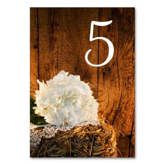 White Hydrangea Barn Wood Wedding Tischnummern (Rückseite)