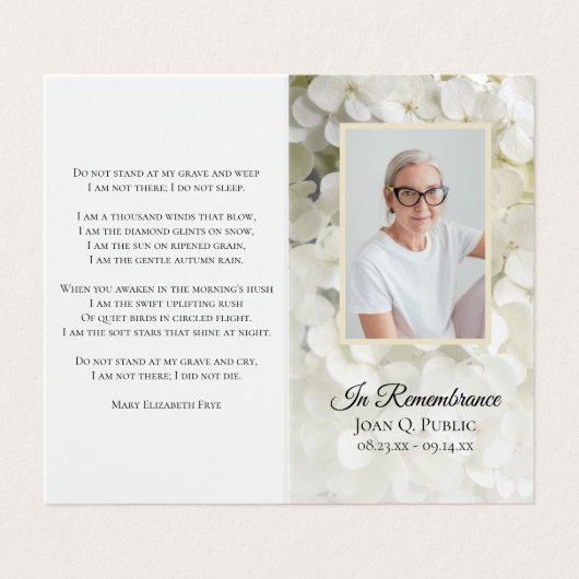 White Hydrangea Blume Beerdigungsgebet Visitenkarten (Außenseite Aufgefaltet)