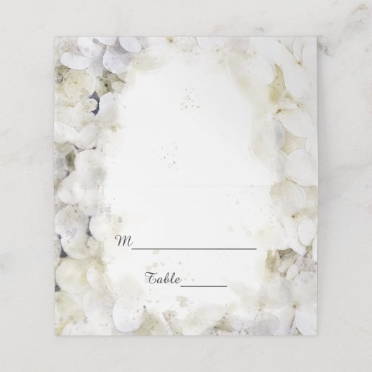 White Hydrangea Blume Wasserfarbenhochzeit Platzkarte (Außenseite Aufgefaltet)
