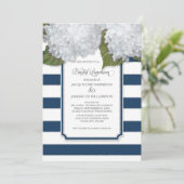White Hydrangea Bridal Luncheon Navy Blauer Streif Einladung (Stehend Vorderseite)