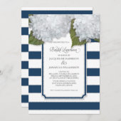 White Hydrangea Bridal Luncheon Navy Blauer Streif Einladung (Vorne/Hinten)