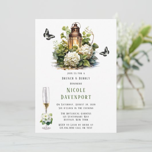 White Hydrangea Butterfly Brunch & Bubbly Einladung (Stehend Vorderseite)