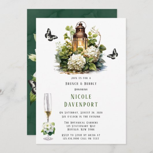 White Hydrangea Butterfly Brunch & Bubbly Einladung (Vorne/Hinten)