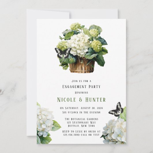 White Hydrangea Butterfly Chic Engagement Party Einladung (Vorderseite)