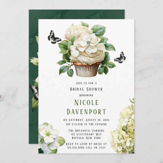 White Hydrangea Butterfly Cupcake Brautparty Einladung (Vorne/Hinten)