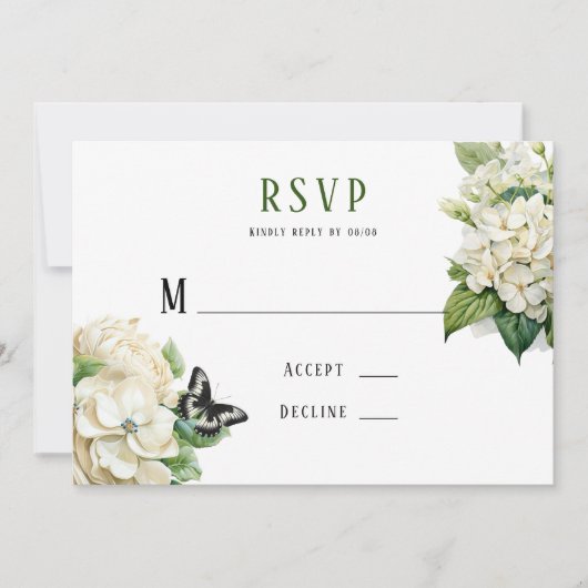 White Hydrangea Butterfly Wedding RSVP Cards Einladung (Vorderseite)