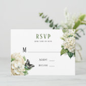 White Hydrangea Butterfly Wedding RSVP Cards Einladung (Stehend Vorderseite)