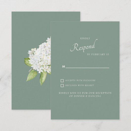 White Hydrangea Dark Sage Background Wedding RSVP Karte (Vorne/Hinten)