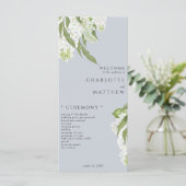 White Hydrangea Dusty Blue Wedding Program Menükarte (Stehend Vorderseite)