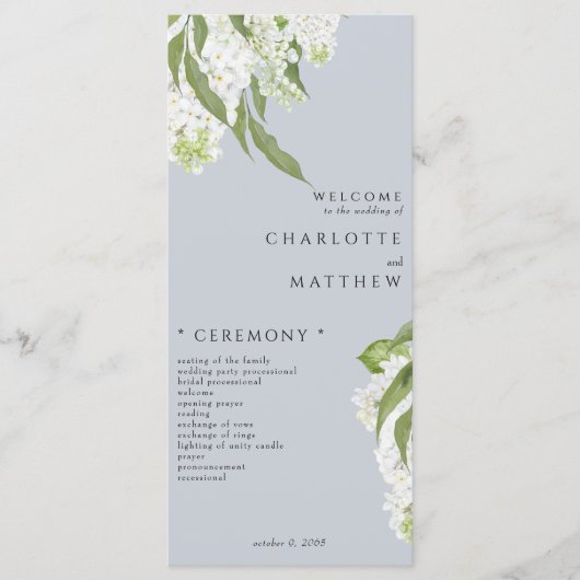 White Hydrangea Dusty Blue Wedding Program Menükarte (Vorderseite)