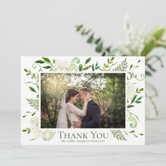 White Hydrangea Floral Foto Flat Wedding Dankeskarte (Stehend Vorderseite)