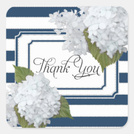 White Hydrangea Floral Nautical Navy Blau Streifen Quadratischer Aufkleber