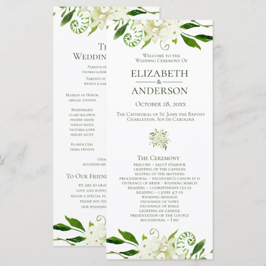 White Hydrangea Floral Watercolor Hochzeitsprogram Programm (Vorne/Hinten)