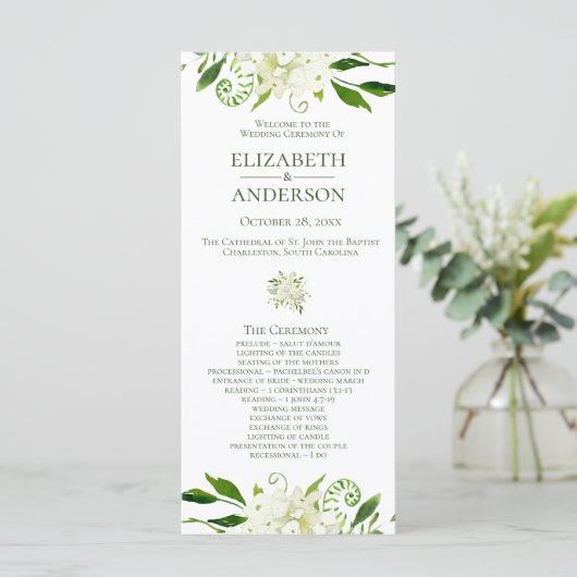 White Hydrangea Floral Watercolor Hochzeitsprogram Programm (Stehend Vorderseite)