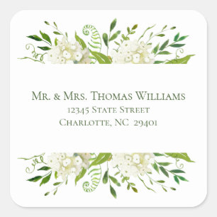 White Hydrangea Floral Wedding Address Quadratischer Aufkleber