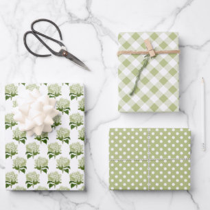 White Hydrangea Gingham und Polka Dot Pattern Geschenkpapier Set