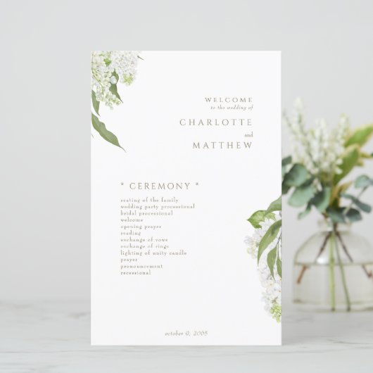 White Hydrangea Gold Text Wedding Program (Stehend Vorderseite)