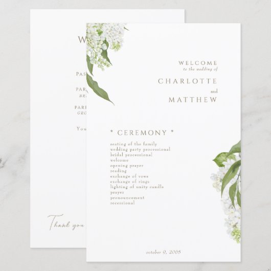 White Hydrangea Gold Text Wedding Program (Vorne/Hinten)