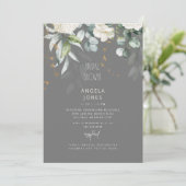 White Hydrangea Grau & Beige Brautparty Einladung (Stehend Vorderseite)