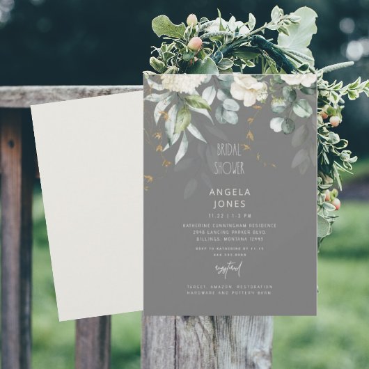 White Hydrangea Grau & Beige Brautparty Einladung