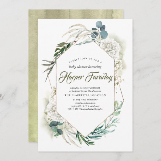 White Hydrangea Greenery Baby Dusche Einladungen (Vorne/Hinten)