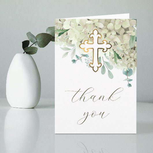 White Hydrangea Holy Cross Religious Thank You Karte