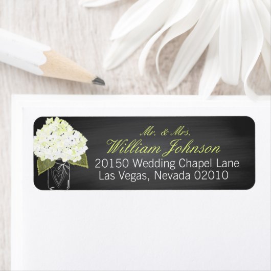 White Hydrangea Jar Chalkboard Wedding Label (Insitu)