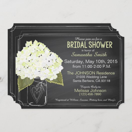 White Hydrangea Mason Jar Chalkboard Brautparty Einladung (Vorne/Hinten)
