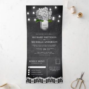White Hydrangea Mason Jar String Lights Hochzeit Dreifach Gefaltete Einladung