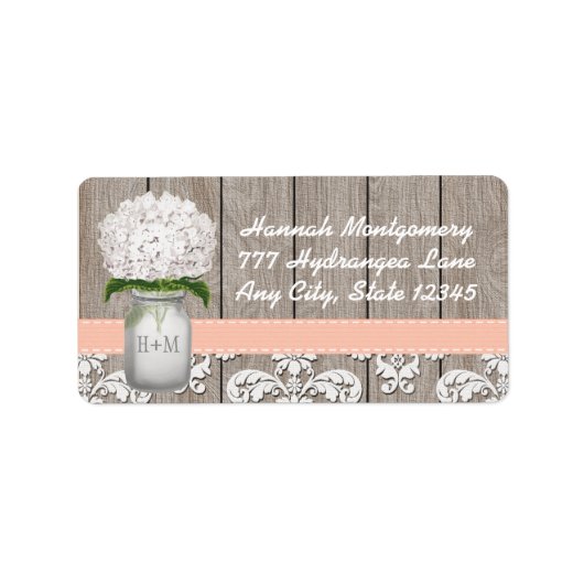 White Hydrangea Mit Monogramm Mason Jar in Peach Adressaufkleber (Vorne)