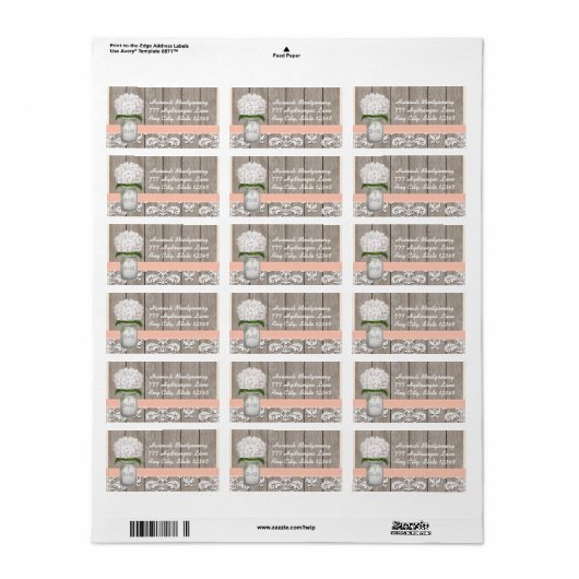 White Hydrangea Mit Monogramm Mason Jar in Peach Adressaufkleber (Vorne)